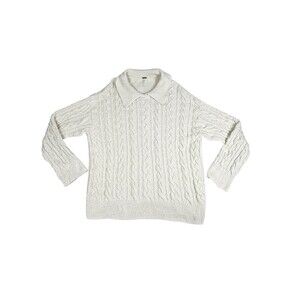 Free People Cable Knit Sweater Ivory Collared Pullover Chunky Knit XL
